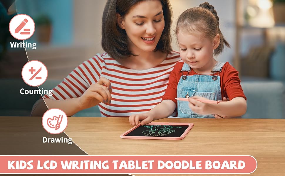 LCD writing tablet for kids with doodle board functionality. Product image shows icons for writing, counting, and drawing features.
