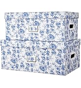 Briful Set of 2 Blue and White Porcelain-Style Storage Boxes with Lids – Elegant Floral Nesting O...
