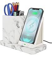 KINGFOM PU Leather Desk Organizer Pen Pencil Holder with Wireless Charger Stand, Qi-Certified 10W...