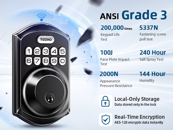 Certified to ANSI Grade 3, the lock meets safety performance standards for reliable home security