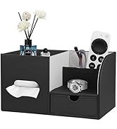 PU Leather Square Tissue Box Cover with Tray and Organizer,Multi-Function Remote Control Tissue H...