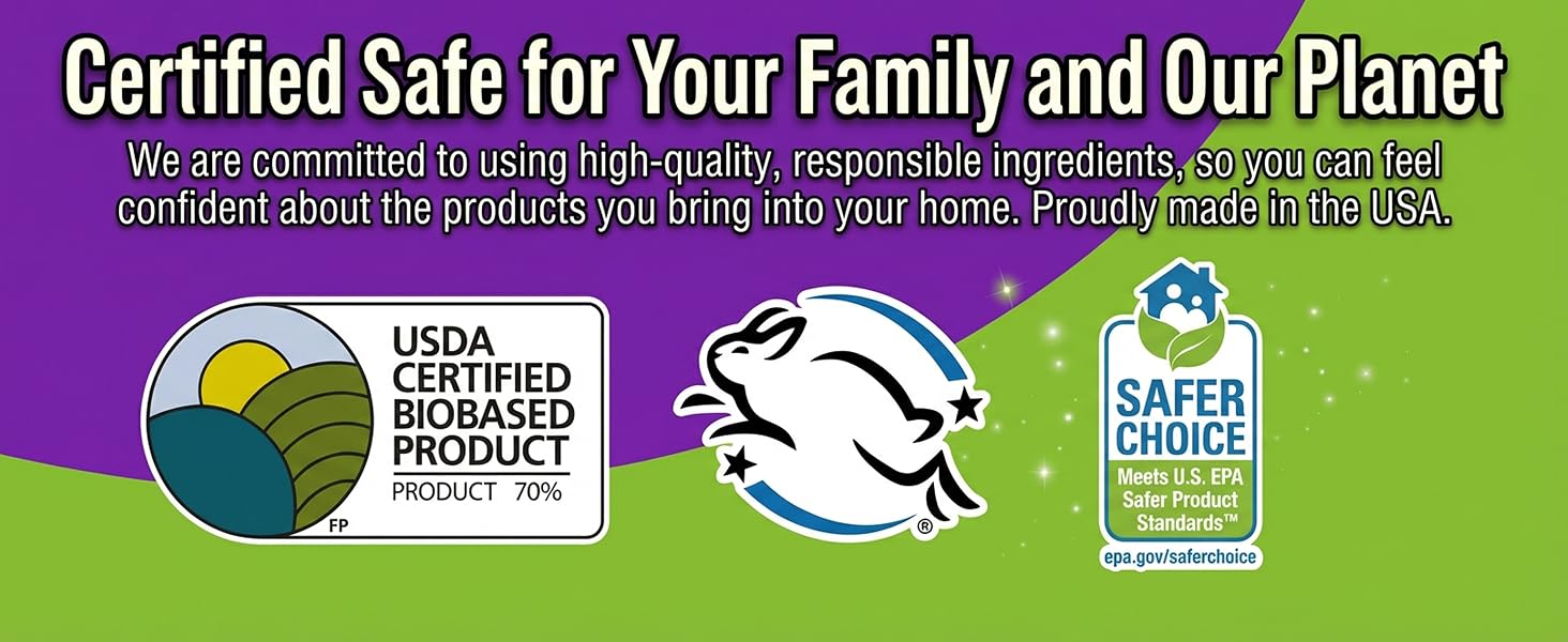 certified safe , usda certified biobased prodcut, leaping bunny, safer choice certified