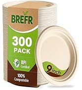 BREFR 300 Pack 9 Inch Compostable Plates, Bulk Biodegradable Dinner Plates – Heavy Duty Sugarcane...