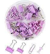 Creechwa Purple Binder Clips and Paper Clips Push Pins Tacks Sets, Total 72 PCS Assorted Sizes Of...