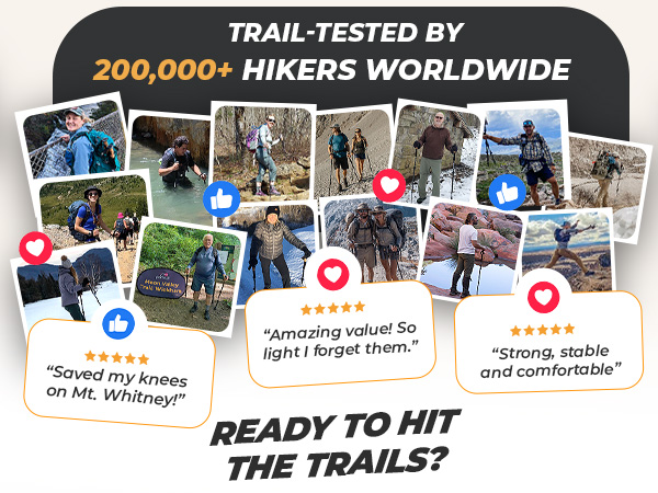 Foxelli trekking poles customer collage—trail-tested by 200,000+ hikers worldwide