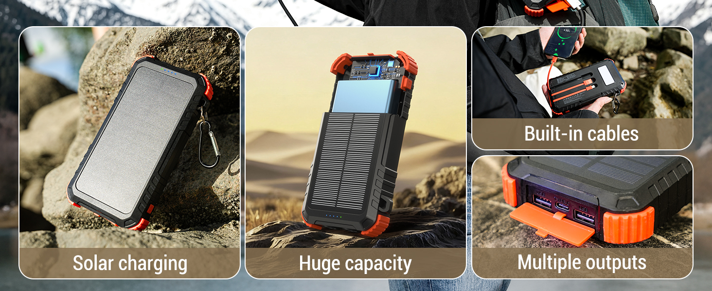 Solar charging Huge capacity Built-in cables Multiple outputs