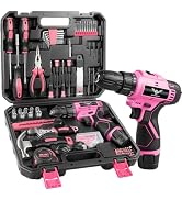 JENABOM 151 Piece Home Tool Set with 12V Pink Cordless Drill | Tool Box with Drill, Hand Drill Se...
