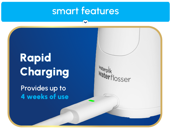 Image of Waterpik floss machine charging cable with text reading up to 4 weeks of use per charge.