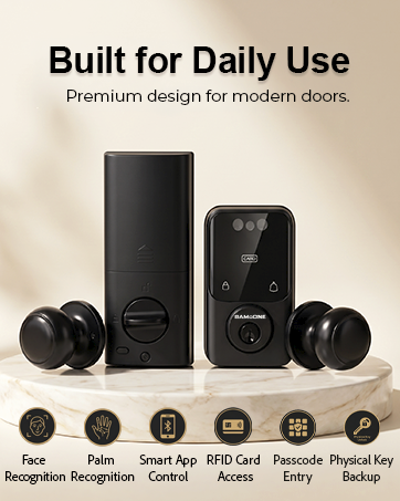 Smart door lock with keypad and door knob featuring multiple access methods.