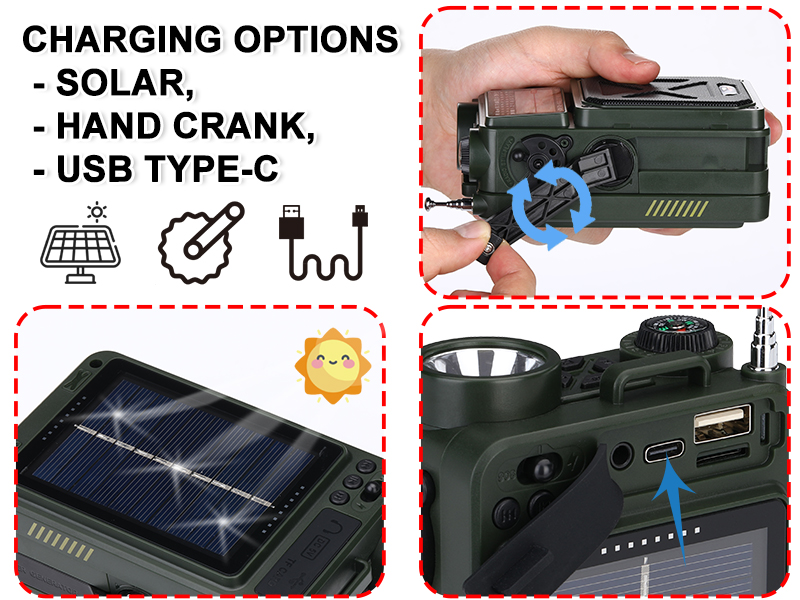 three charging options solar, hand crank, and USB C