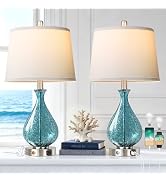 QiMH Glass Table Lamp for Living Room Bedroom Set of 2, 22.5" LED Light with Touch Control, Blue ...