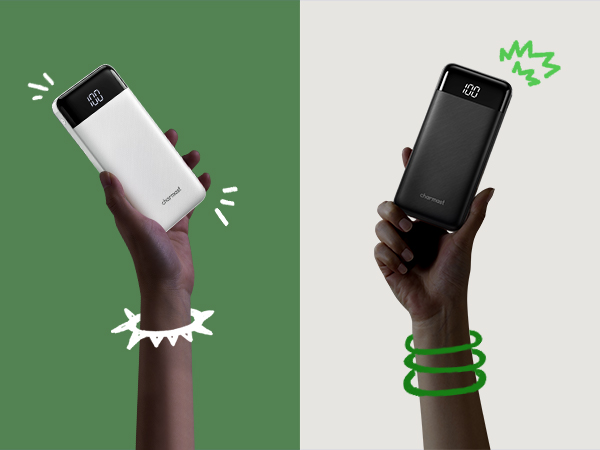 Two-panel image of hands holding portable power banks. Left shows white device, right shows black device with green glow effect.