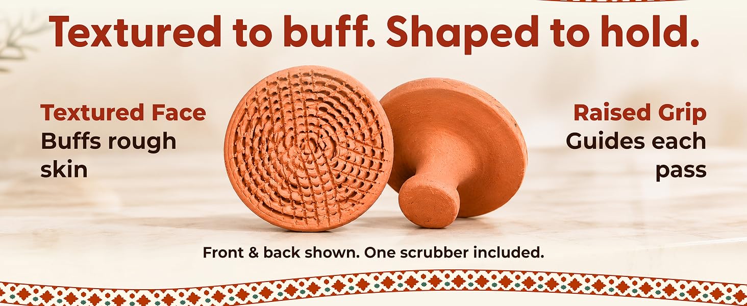 Terracotta foot scrubber shown from both sides: textured face and raised grip; one included
