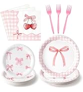 G1ngtar 96Pcs Pink Bow Party Plates Supplies - Coquette Cute Party Tableware Decorations Disposab...