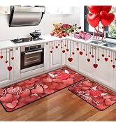 Yovirinto Happy Valentine's Day Kitchen Rugs Set of 2, Red Love Heart Wedding Holiday Decor Floor...