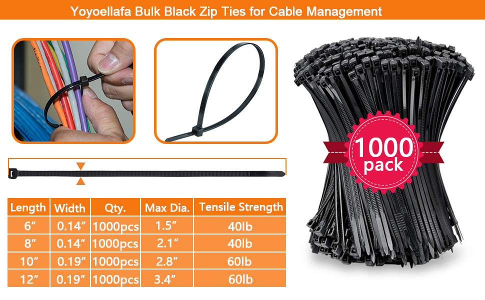 bulk zip ties 1000 pack 6 8 10 12 inch cable ties black wire tie wraps heavy duty