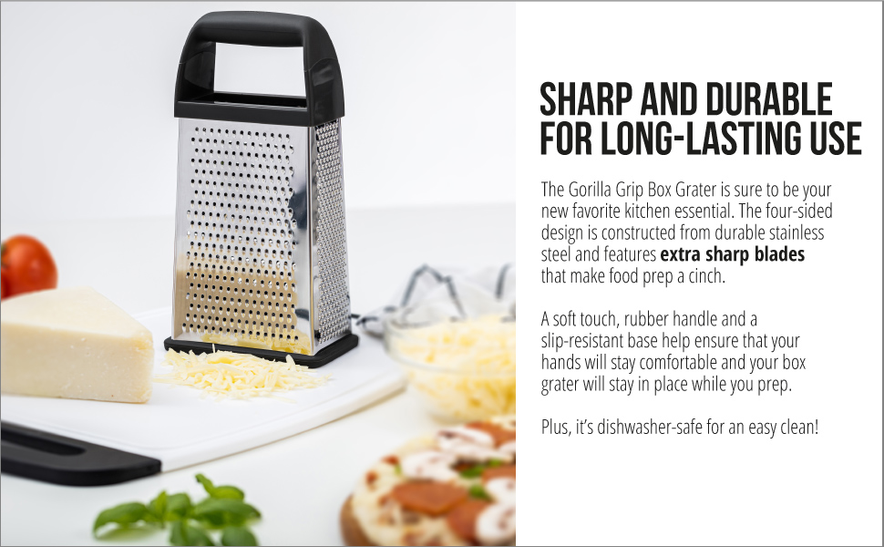 parmesan cheese grater with handle on cutting board and other food in kitchen