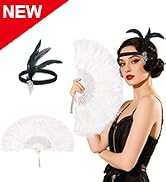 EOSAU 2 Packs 1920s Flapper Accessories for Women - Feather Fan, Headband Set for Vintage Wedding...