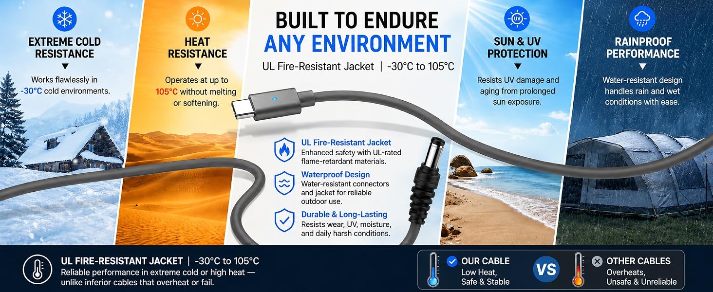 USB-C to DC cable for Starlink Mini with UL fire-resistant jacket in extreme weather