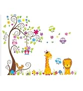 Large Brown Tree with Colorful Flower Green Leaf Wall Decals DIY Cartoon Jungle Animal Lion Giraf...