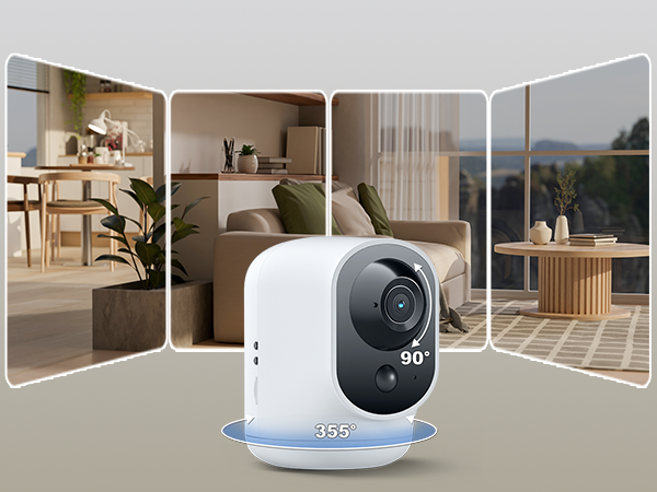 Compact white security camera with 90-degree field of view, shown in multiple home settings including living room and bedroom.