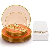N9R 180PCS Orange Plastic Plates with Gold Trim, Disposable Party Dinnerware Set for 30 Guests, I...