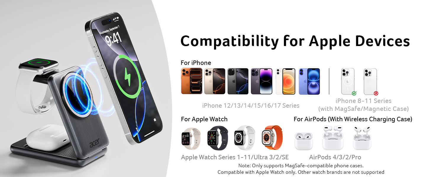Acer Magnetic Wireless Charger, 3 in 1 Wireless Charging Station