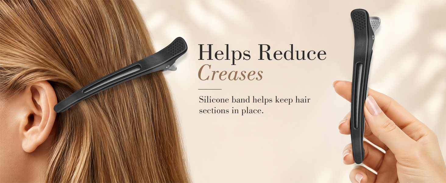 Gentle silicone grip hair clips help reduce creases for smooth styling.