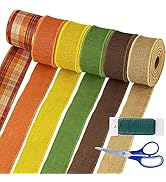 Winlyn 36 Yards 6 Rolls Assorted Fall Plaid Wired Ribbons Jute Mesh Burlap Wired Ribbons Nature O...