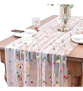 Joanlody Ivory Embroidery Daisy Spring Summer Table Runner Florals Seasonal Easter Tulle Table Ru...
