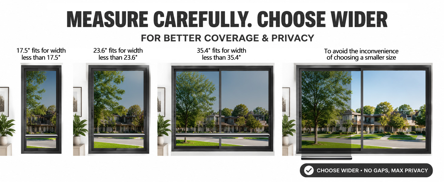 Sizing chart showing wide reflective window film versus narrow gaps
