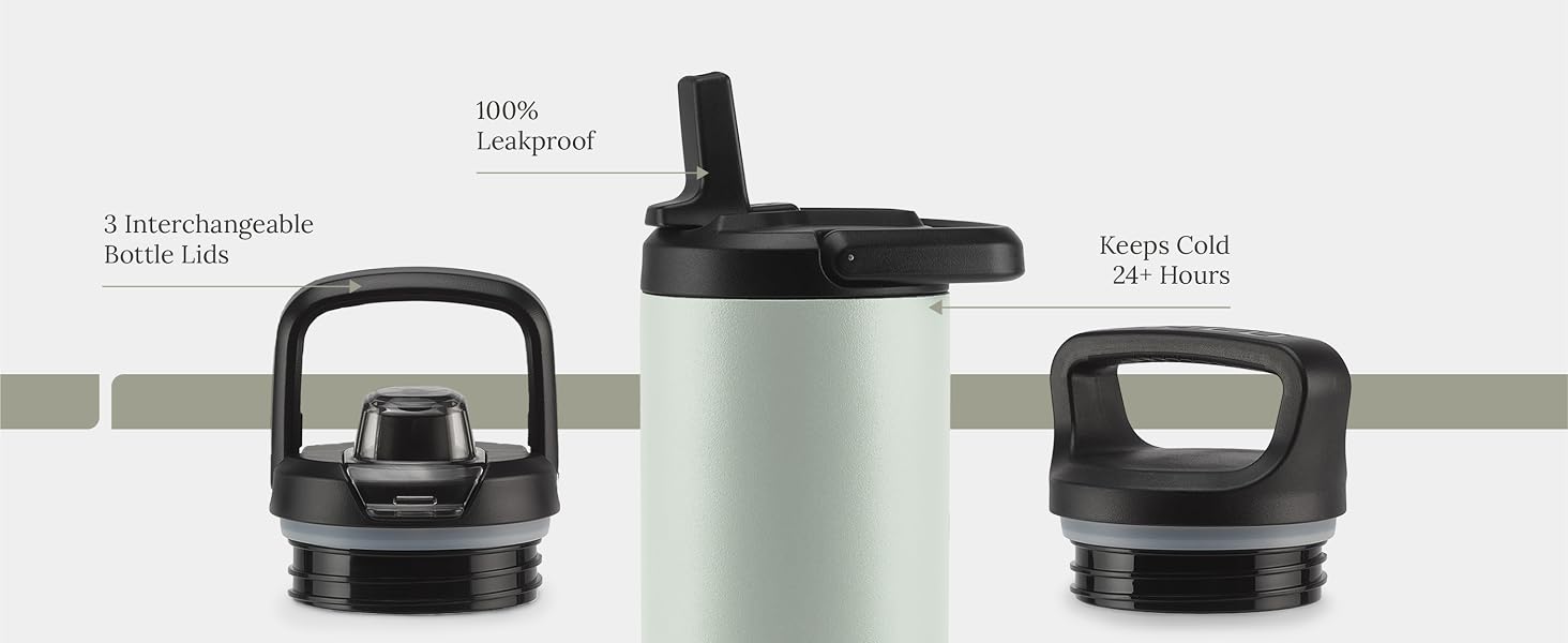zulu base stainless steel water bottle with 3 lid options