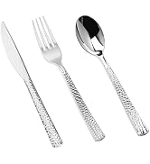 Pryntono 150PCS Silver Plastic Silverware, Heavy Duty Hammered Plastic Cutlery Set, Disposable Ut...