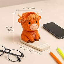 Compact Highland cow desk organizer with phone glasses pens and size dimensions