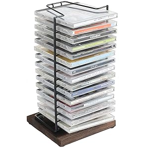 Matte Black Metal Wire Vertical Compact Disc Holder with and Burnt Wood Base