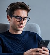 Models wearing anti blue light glasses and using mobile phones