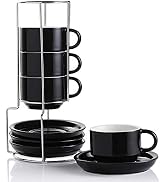 SWEEJAR Porcelain Espresso Cups with Saucers, 4 Ounce Stackable Cappuccino Cups with Metal Stand ...