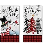 Croar Christmas Tree Snowman Kitchen Dish Towels Set of 2, Xmas Let It Snow Believe Plaid Cardina...