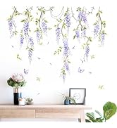 Hanging Flower Vine Wall Decals Purple Wisteria Floral Vine Leaves Wall Stickers Peel and Stick W...