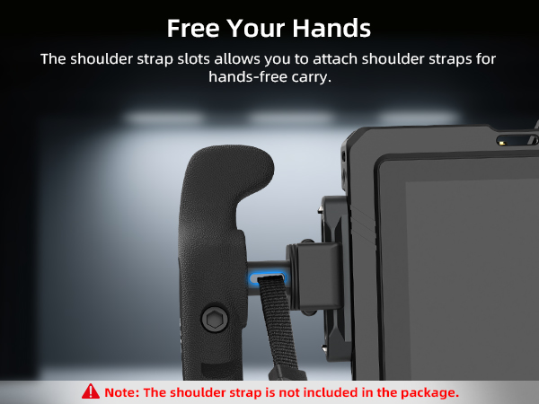 Text reads 'Free Your Hands' and 'The shoulder strap slots allows you to attach shoulder straps for hands-free carry. Notice: The shoulder strap is not included in the package.' Product demonstration showing strap attachment points.