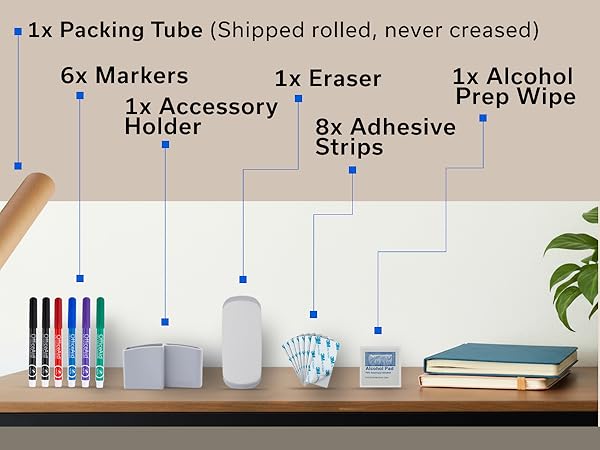 OfficeAid calendar kit with 6 markers, 1 eraser, 8 adhesive strips, holder, and tube