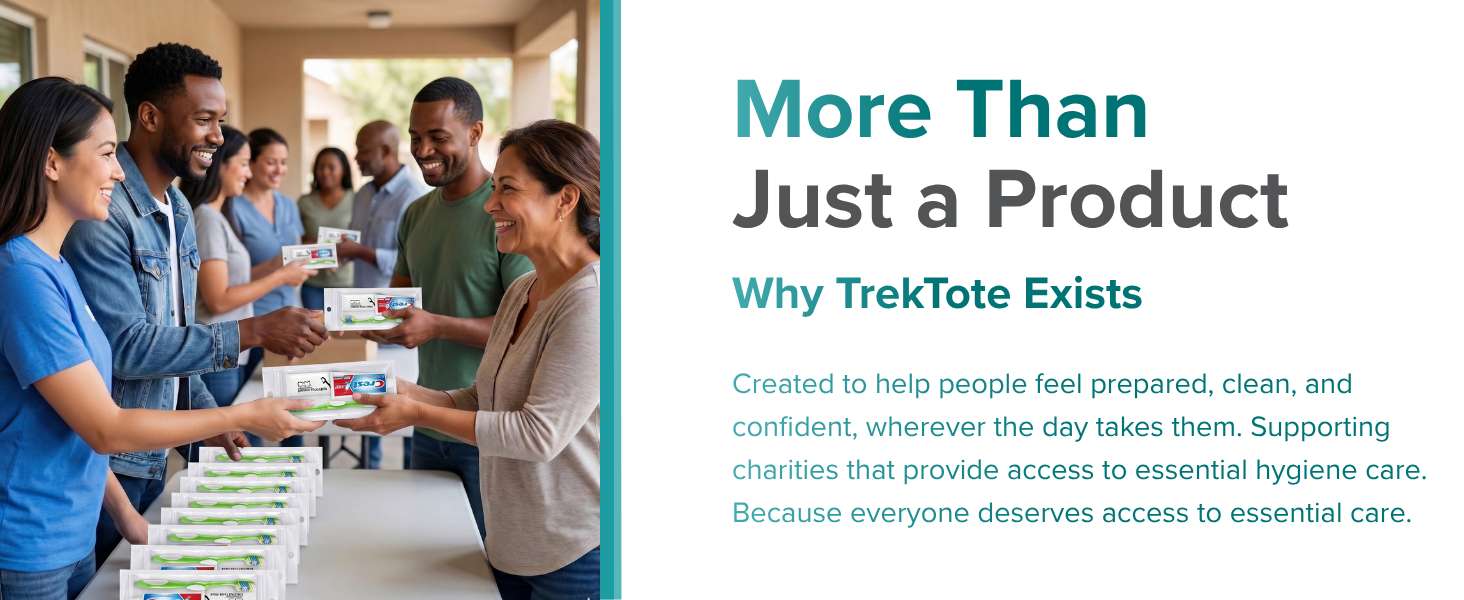TrekTote mission graphic showing bulk hygiene kits and women distributing care packages.
