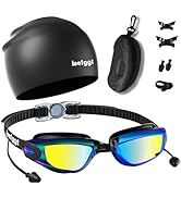 LEEIGGT Swim Goggles+Swim Cap, No Leak Anti-Fog & UV,Swimming Goggles Full Protection Adult Men W...