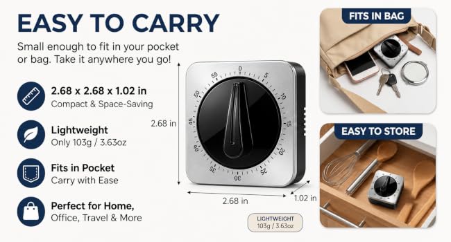 mechanical kitchen timer infographic showing its 2.68-inch dimensions