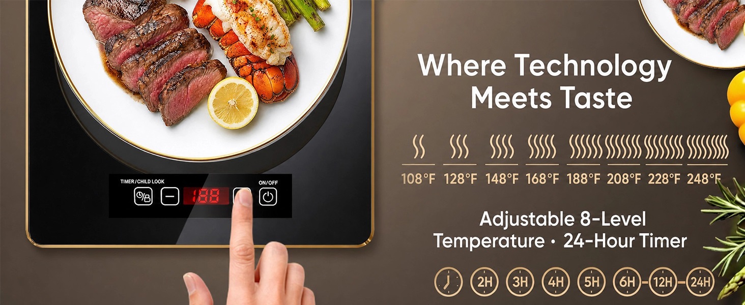 24 hour timer, adjustable 8 level temperature, child lock