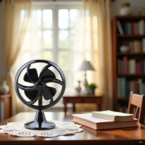 A vintage wooden desk with a brass table fan and scattered papers, creating a nostalgic office setti