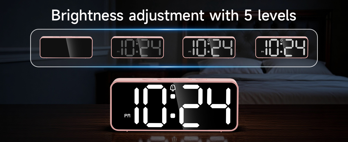 5 level brightness dimmer LED alarm clock adjustable display for nightstand bedroom white digits