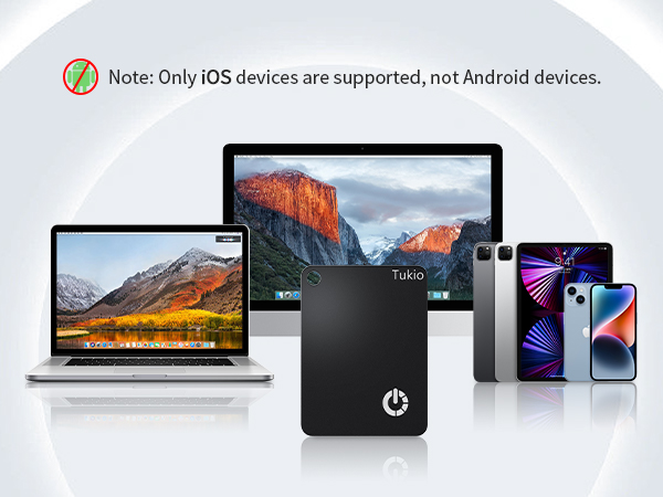 Text reads 'Note: Only iOS devices are supported, not Android devices.' Banner showing multiple Apple devices including MacBooks, iPads, and iPhones arranged horizontally against light background.