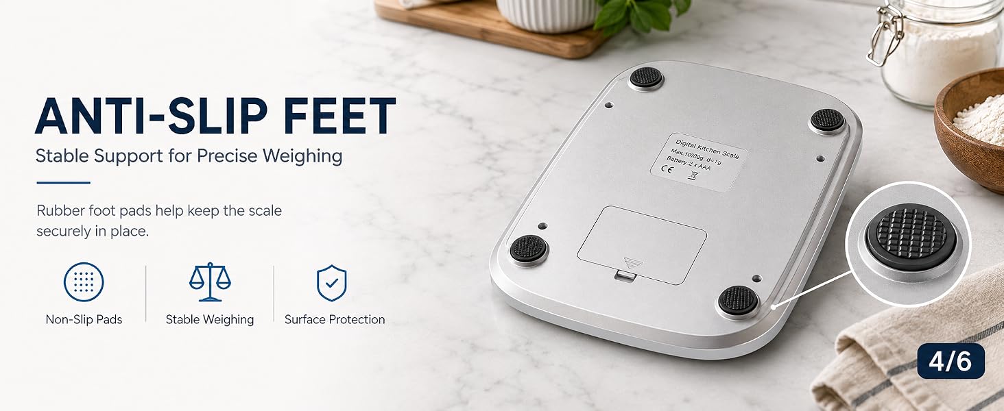 Digital kitchen scale with non-slip rubber feet for stable and secure weighing.
