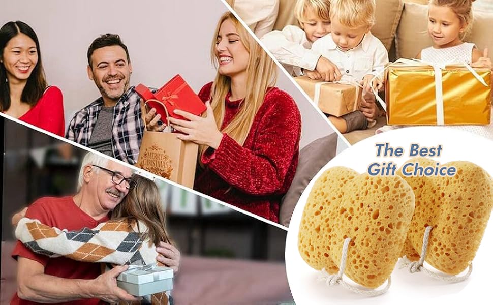 Composite image showing gift-giving scenes and natural sea sponges. Top panels depict people exchanging presents, bottom shows three light-colored sea sponges with 'The Best Gift Choice' text.
